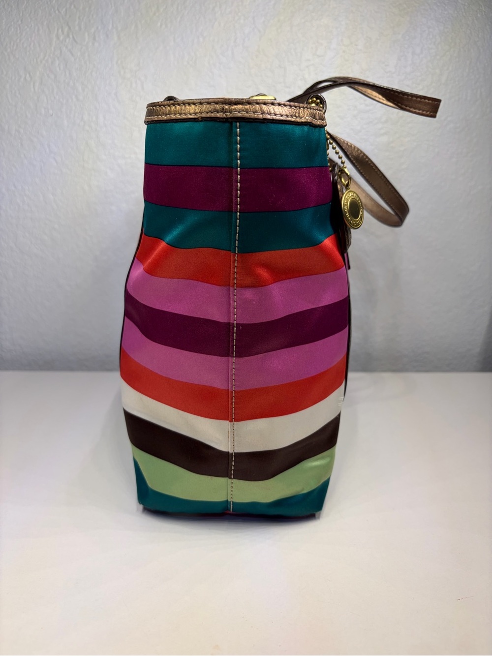 COACH LEGACY Multicolor Striped SATEEN Tote with Gold/ Bronze Trim. 2 Hangtags!! - Picture 6 of 16